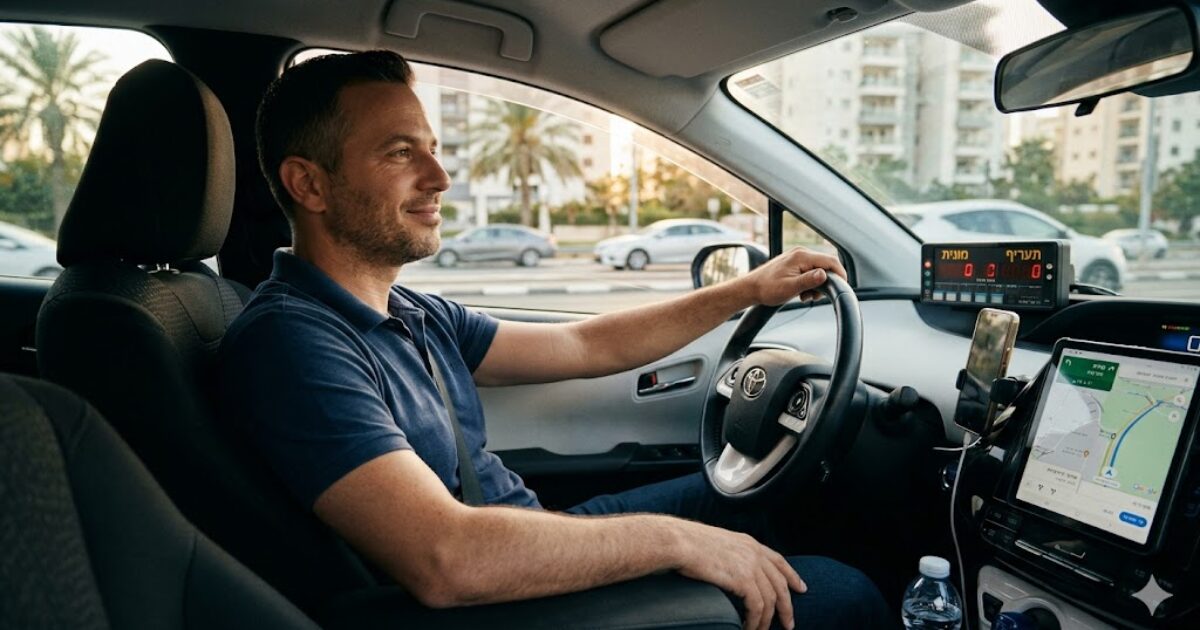 נהג מונית נראה מרוצה במהלך עבודתו