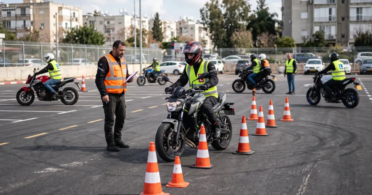 תלמיד על אופנוע בזמן לימוד נהיגה במגרש בין קונוסים